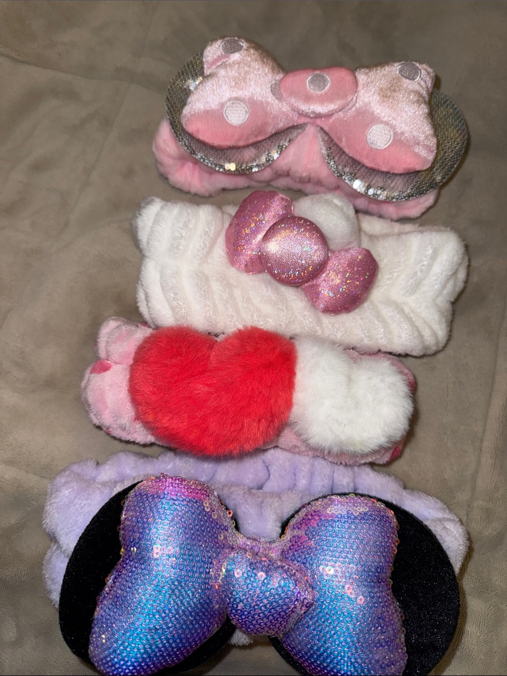 Plush Bow & Heart Kids Headbands - Pink, White, Red, Purple Set